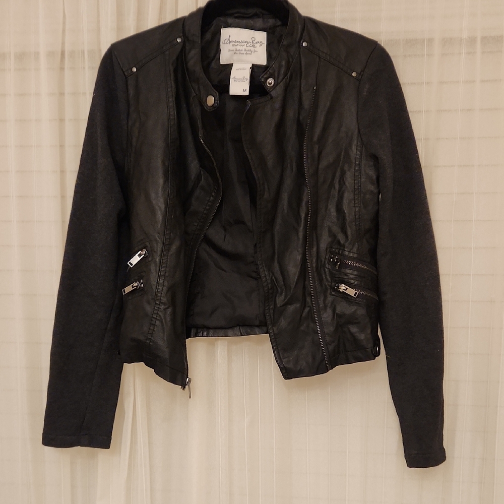 American Rag Black Leather Jacket with Gray Sleeves